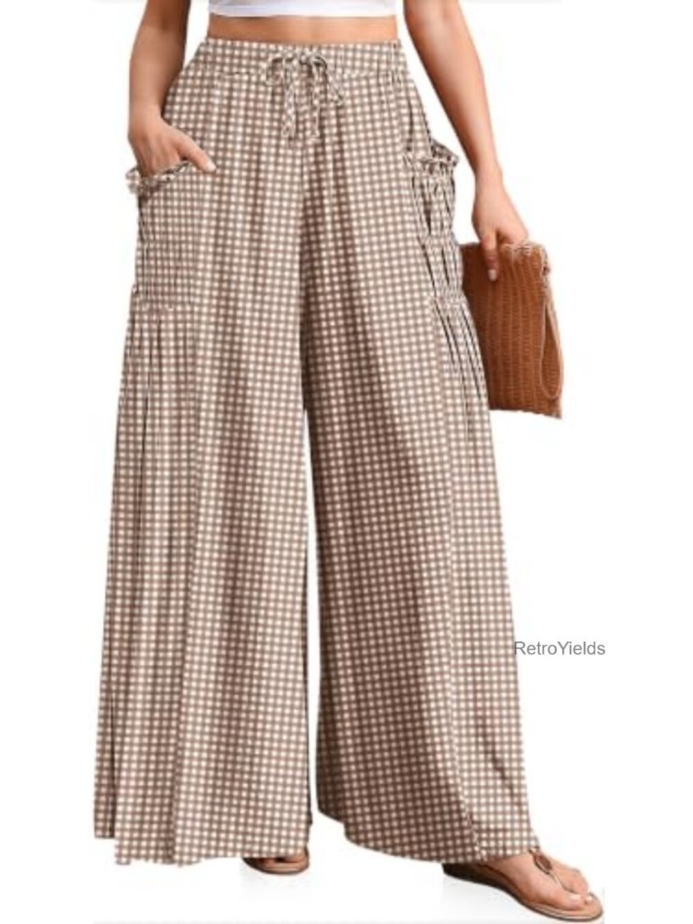 Womens Wide Leg Palazzo Pants Linen Blend Smocked Waist Ruffle Boho Beach